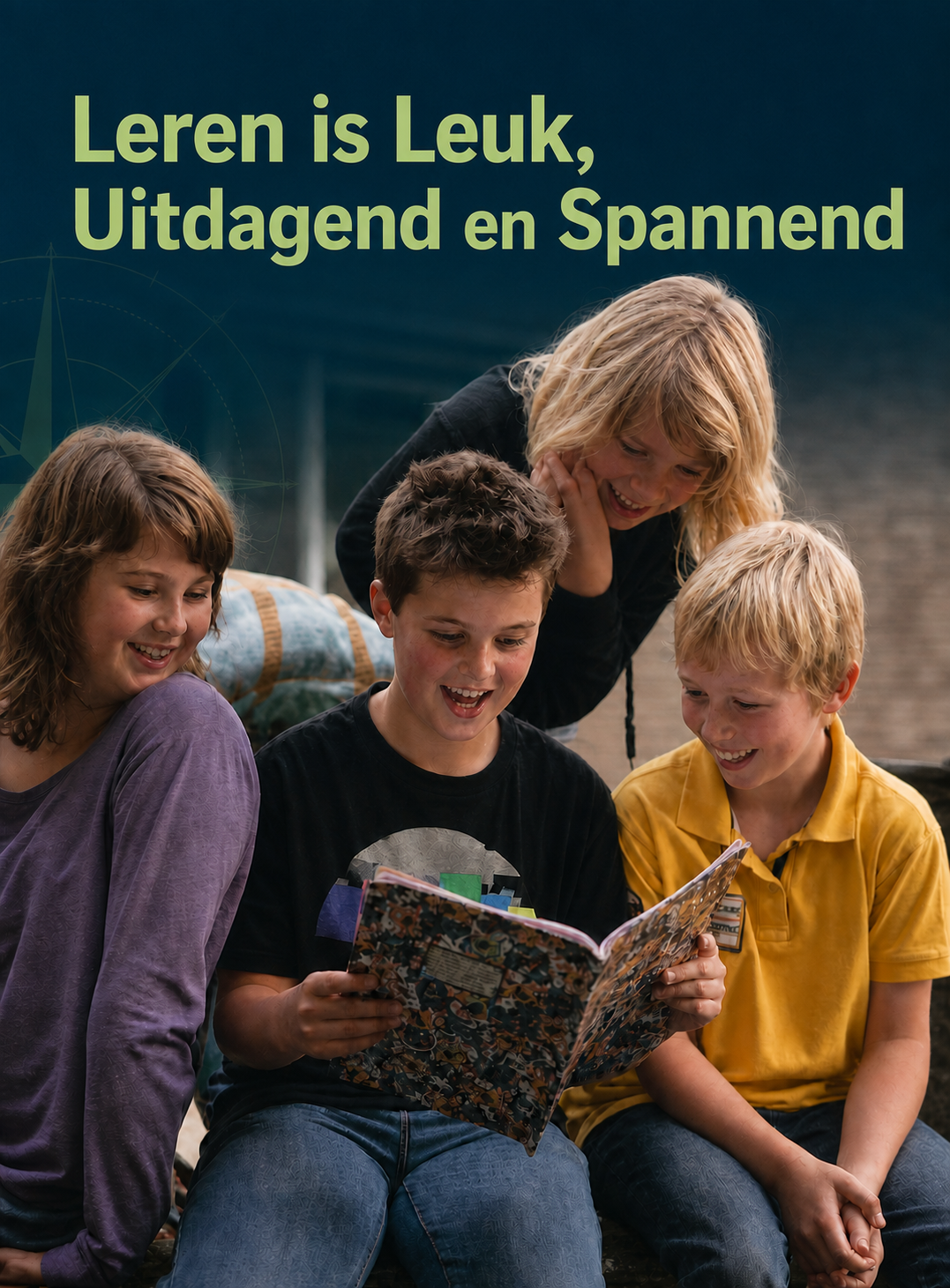 Vier kinderen lezen samen. Leren is Leuk, Uitdagend en Spannend.